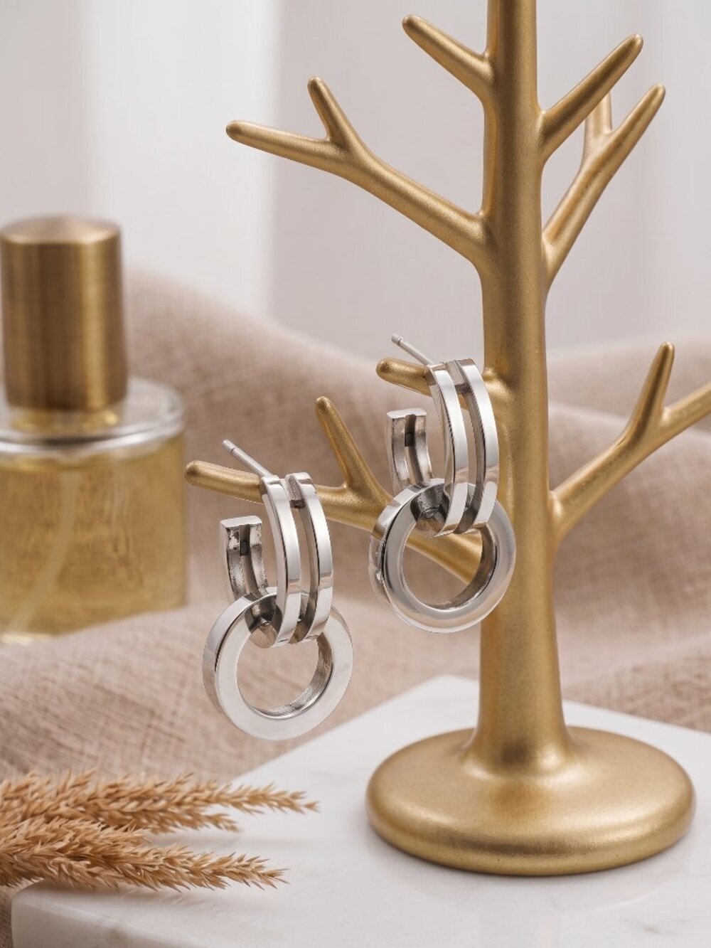 18K White Gold Plated Stainless Steel Old Money Double Hoop Huggie Earrings 1in